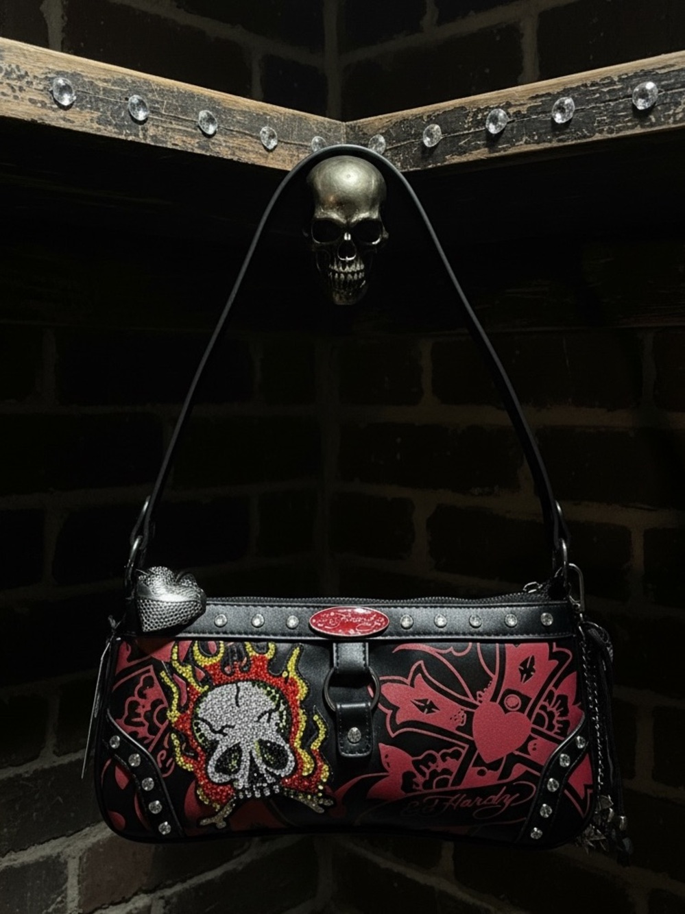 Ed Hardy Baguette Y2K Skull Flame Rhinestone Shoulder Bag. 
NWT